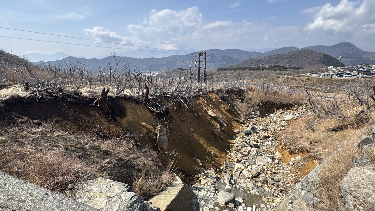 溝状の地形と大小の石が見える大涌谷の斜面